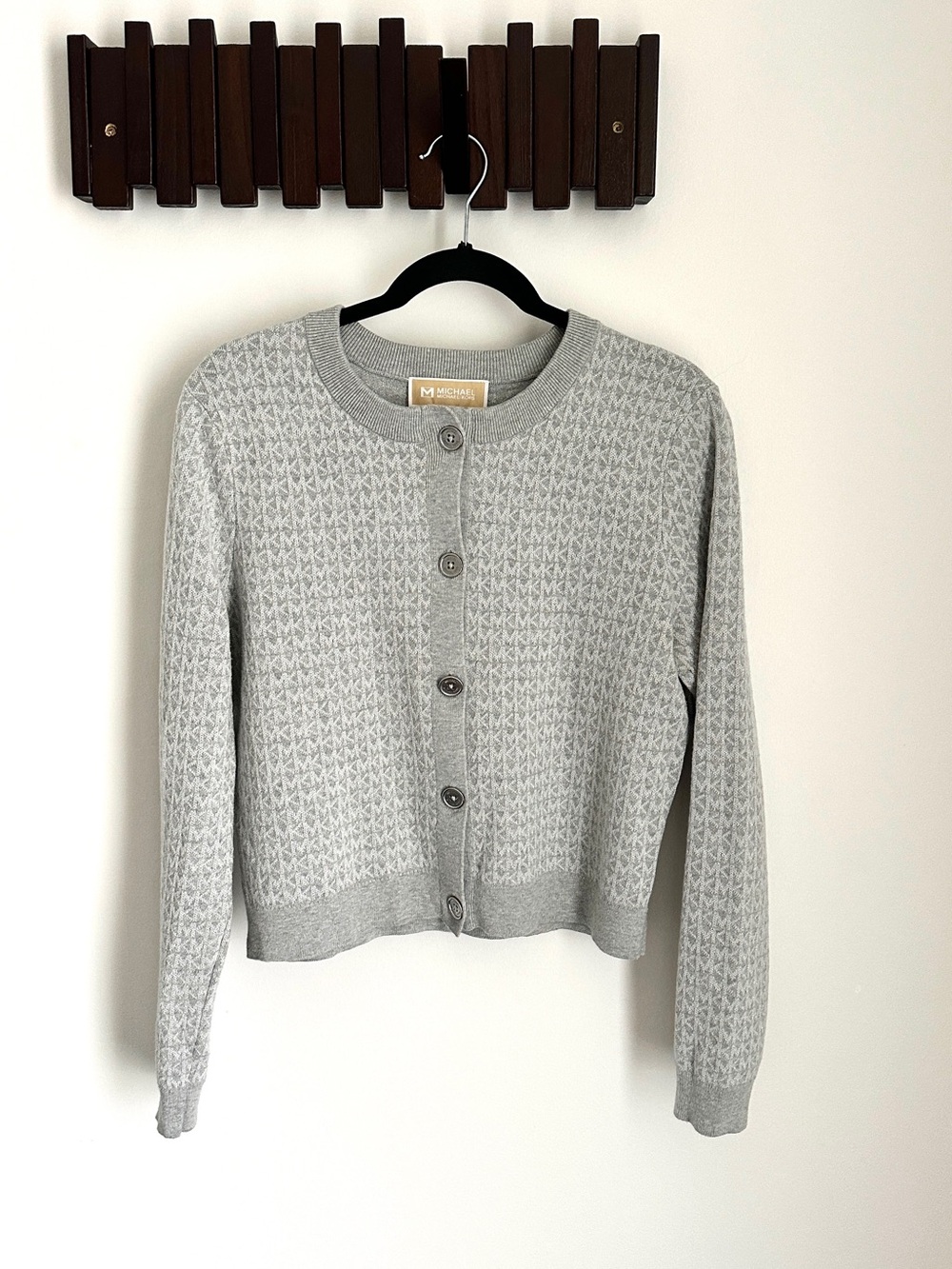 MICHAEL Michael Kors Grey Metallic Logo Cropped Cardigan Sweater Large
